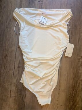 White Ruched Off-Shoulder Bodysuit